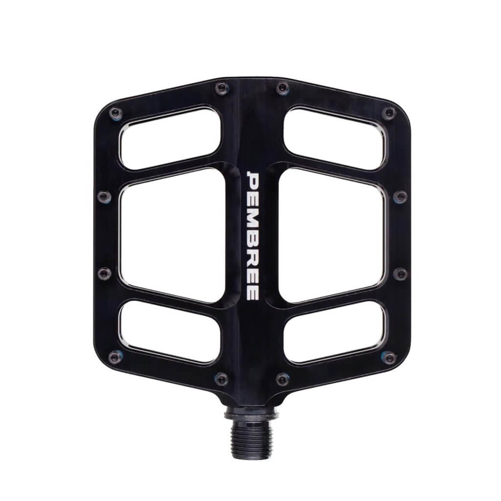 op-down and profile view of PEMBREE D3A flat mountain bike pedals, showing the CNC-machined recycled aluminum body, 12 adjustable traction pins, and a sleek double-concave platform.