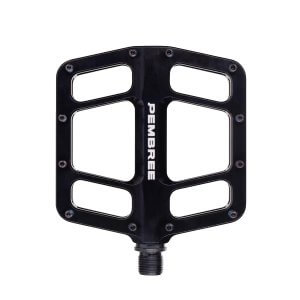 op-down and profile view of PEMBREE D3A flat mountain bike pedals, showing the CNC-machined recycled aluminum body, 12 adjustable traction pins, and a sleek double-concave platform.
