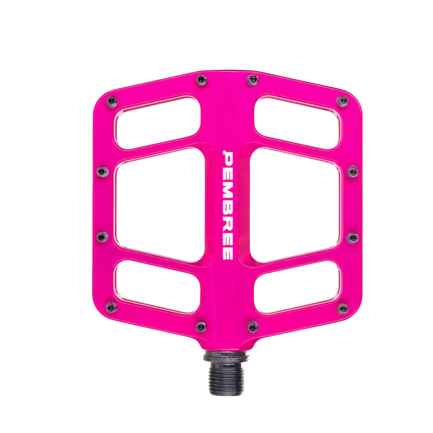 Top-down and profile view of PEMBREE D3A flat mountain bike pedals, showing the CNC-machined recycled aluminum body, 12 adjustable traction pins, and a sleek double-concave platform.