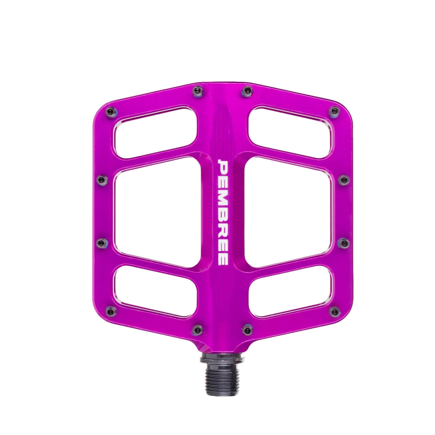 Top-down and profile view of PEMBREE D3A flat mountain bike pedals, showing the CNC-machined recycled aluminum body, 12 adjustable traction pins, and a sleek double-concave platform.