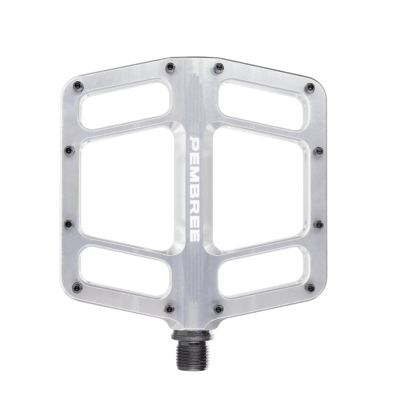 Top-down and profile view of PEMBREE D3A flat mountain bike pedals, showing the CNC-machined recycled aluminum body, 12 adjustable traction pins, and a sleek double-concave platform.