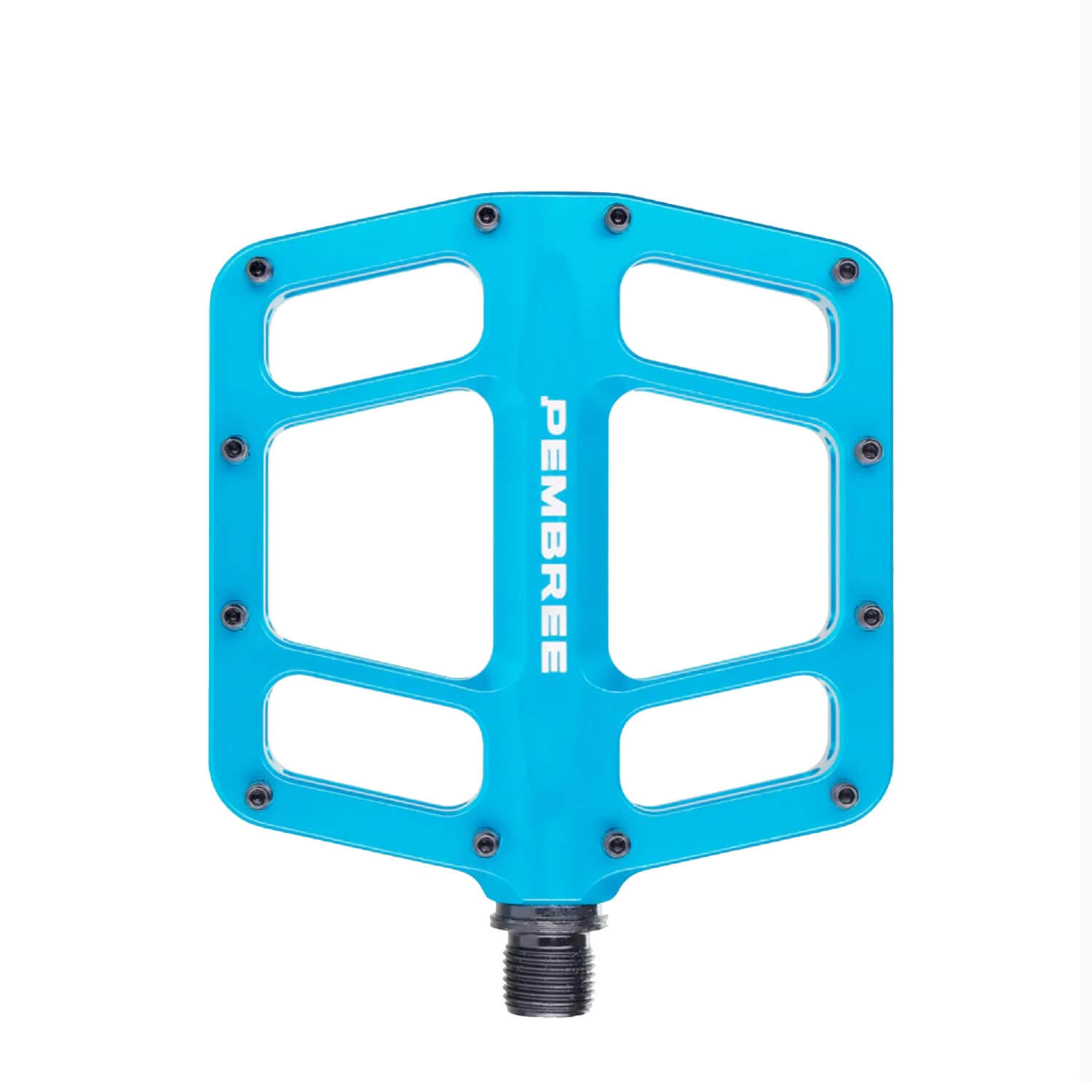 Top-down and profile view of PEMBREE D3A flat mountain bike pedals, showing the CNC-machined recycled aluminum body, 12 adjustable traction pins, and a sleek double-concave platform.